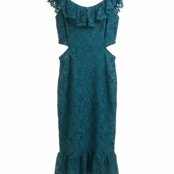 Express Teal Off-Shoulder Lace Midi Dress - Picture 2 of 6